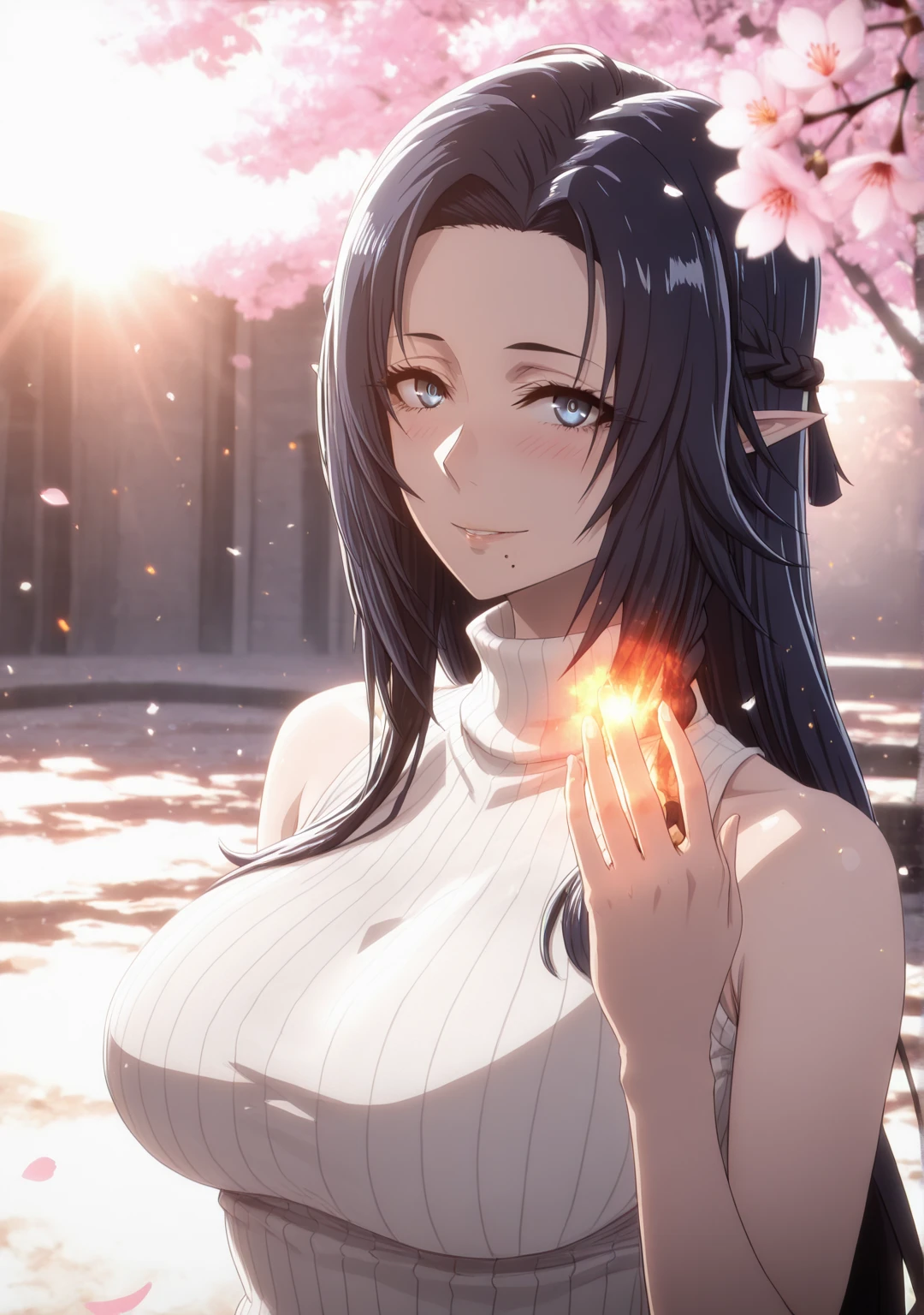 (minami_koyogi-style:1.4), (shiroshisu-style), ((anatomical correct)), ((embers)), ((Cinematic, unreal engine, eye-catching, ambient occlusion, UHD, masterpiece)), ((perfect lighting, dappled sunlight)), perfect body, perfect eyes, perfect fingers, gasping, heavy gamma \(kage no jitsuryokusha ni naritakute!\), elf, very long hair, black hair, blue eyes, (mole under mouth:0.8), braid, forehead, plump, 1girl, breasts, solo, looking_at_viewer, turtleneck, sweater, sleeveless, smile, ribbed_sweater, bare_shoulders, cherry_blossoms, sleeveless_turtleneck, blush, turtleneck_sweater, upper_body, hair_intakes, closed_mouth, alternate_costume, white_sweater, flower, sleeveless_sweater, parted lips falling petals, shaded face