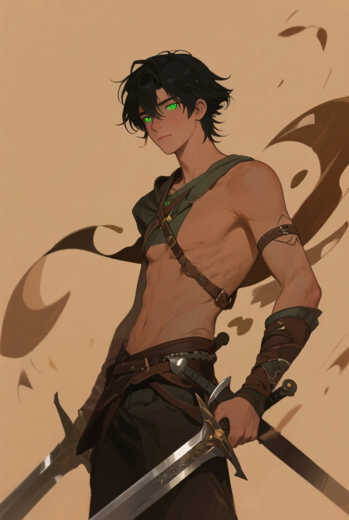 Height: 5 feet 10 inches
Build: Muscular and well-built, with a powerful physique honed by years of survival in the wilderness. Soh's frame exudes strength and resilience, reflecting his adaptability and prowess as a guardian of the natural world.
Hair: Dark brown, with natural blonde highlights, falling in tight, unruly curls around his face, adding a wild and untamed quality to his appearance.
Scars: Soh bears several scars across his body, souvenirs of the countless battles and trials he's faced in the unforgiving wilderness. These scars tell a story of resilience and survival, serving as a testament to Soh's determination and strength.
Eyes: Heterochromatic - one eye is a vibrant emerald green, the other a warm earthy brown, reflecting his dual nature as a changeling
Skin: Initially pale grey, but Soh can alter his skin tone to blend with his surroundings, typically adopting a tan hue when outdoors he is 16 years old he has no happy trail