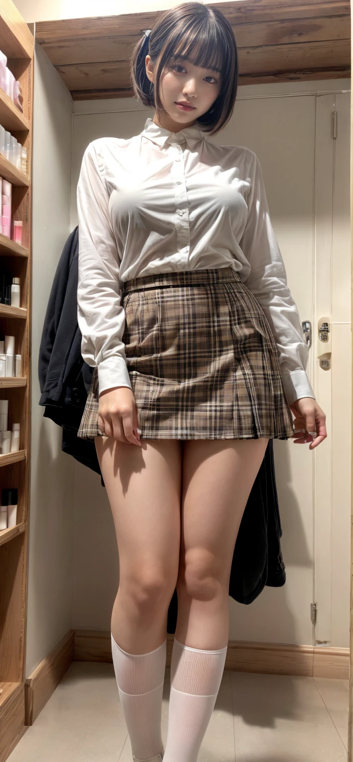 masterpiece, Highest quality, High resolution, girl, Peeking from below,Japanese,whole body,Cute face,high school girl,Baby Face,Looking away,Medium Hair,Baby Face,Weeping face,Small breasts,delicate,Expose,Clothes are open,Female genitalia is visible,pubic hair,Lower body naked,uniform,Black Skirt,M-shaped legs,Thin thighs,night,night景,City