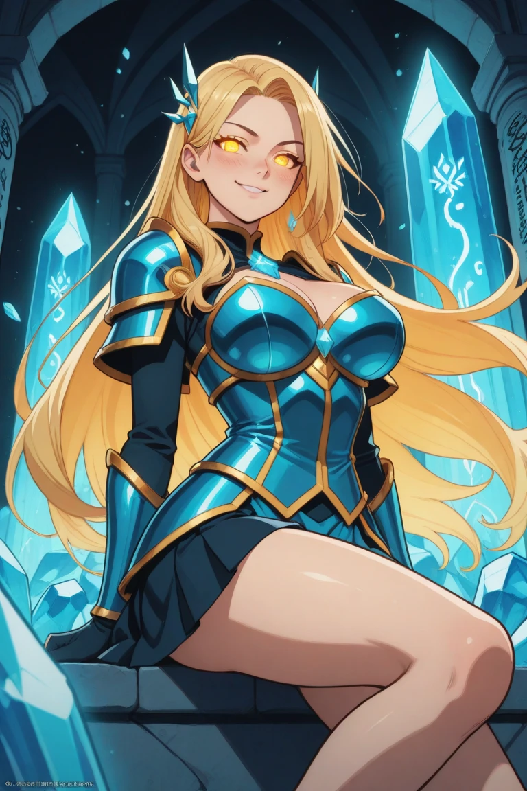 ((Best quality)), ((Masterpiece)), (detailed), perfect face perfect figure, Middle Ages, palace background, 26 year old, Scandinavian woman, Princess, Golden hair, long hair, bun-like hairstyle, bright blue eyes, pale skin, large breasts, buxom chested, tight blue dress, off shoulder, cleavage, diamond tiara, high resolution, smiling, teeth, (ultra-detailed), (best illustration), (best shadow), (absurdres), (perfect hands, perfect anatomy), (4k textures), epic artistic, sharp focus, even lighting, insane details, intricate details, hyperdetailed, rich colors,