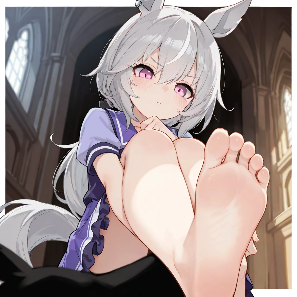 the wall photo have a girl portrait,in photo,pov,feetbox,toe spread,only head,box,soles,nora cat,photo,white hair,