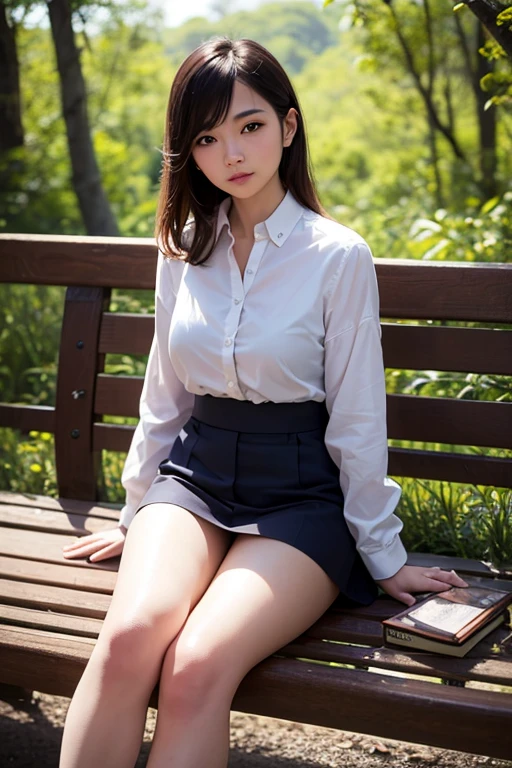 40s, A beautiful Japanese woman, Sexy middle aged woman, 最high quality, 8k, Sharp focus, high quality, High resolution, Rounded body, Kind eyes, Hot lips, Married women, Larger breasts, Sitting on the bench, spread legs, wearing jacket  & miniskirt, (Flirtingly lifting her skirt to show her panties:1.5), Beautiful Skin, At the park