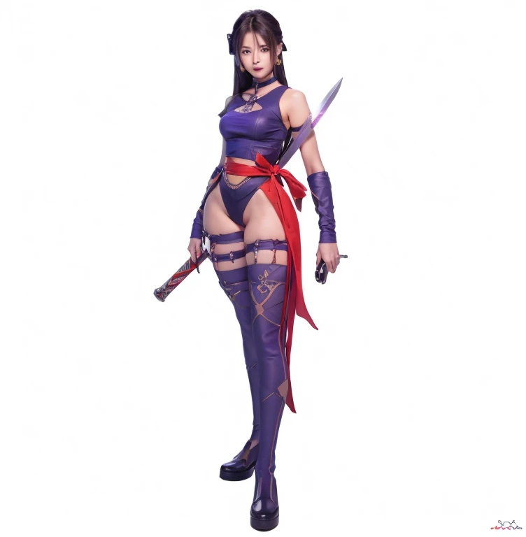 NinjaT, ninja girl, fishnets, garter straps, garter straps, kunoichi, blurred background, seductive pose