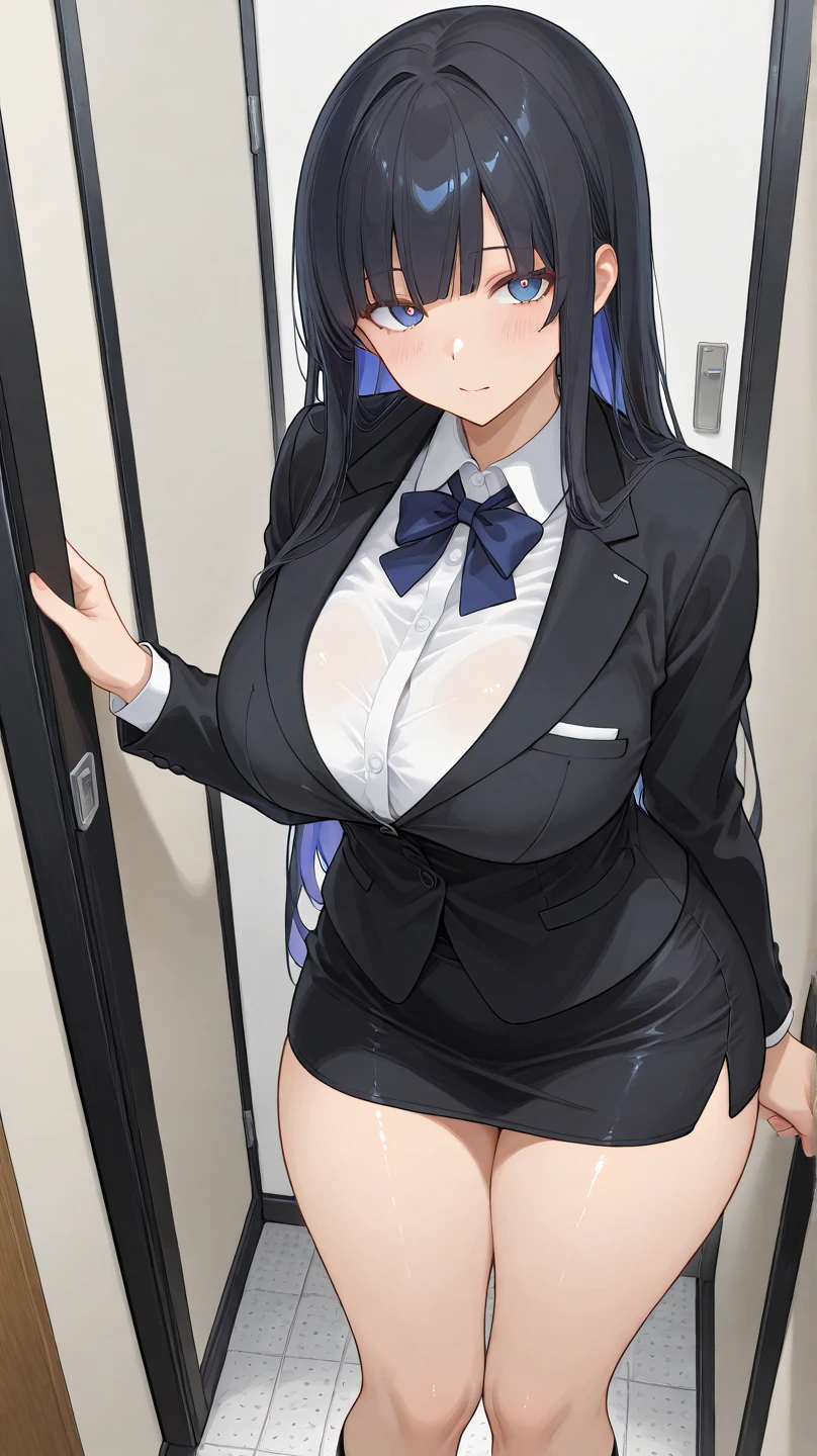 Masterpiece, best quality,1girl,black hair, Hinata hyuga,full body, office black suit,white shirt inside,sexy body, cowboy shot, looking at viewer