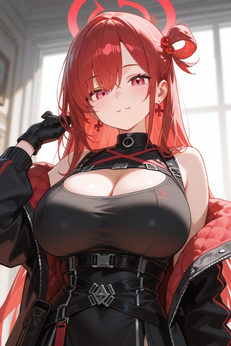 blush, open mouth, big mouth, tongue, tongue out, close up, saliva, uvula, uvula, room, mouth focus, excessive saliva, giantess, angry, selfie, room, indoors, looking down,score_9, score_8_up, score_7_up, source_anime BREAK 1girl, nikkeredhood, red hair, long hair, headgear, yellow eyes, blank stare, parted lips, half-closed eyes, red scarf, black shrug \(clothing\), navel, midriff, zipper, cleavage, large breasts, suspenders, fingerless gloves, belt, black pants, asymmetrical legwear, hip vent, smile, pov, girl on top, sitting, leaning forward, looking at viewer, thighs, skindentation, bursting breasts, from below
