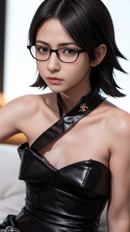 1girl, cute japanese girl, big eyes, sensual face, seductive smile, solo, short hair, open clothes, see through clothes, , flower headband, collar, collarbone, red sensual lips, off shoulder, perfect round , small breastvage, un, erotic, nsfw, glassesh, seductive smile, cute face, looking at viewer, sexy pose, blue backgroundark black hair, simple background, sexy pose, bright yellow eyesips, closed mouth, ribbon, hair ribbon, stellar earings, bangs, upper body, parted bangs, red ribbon