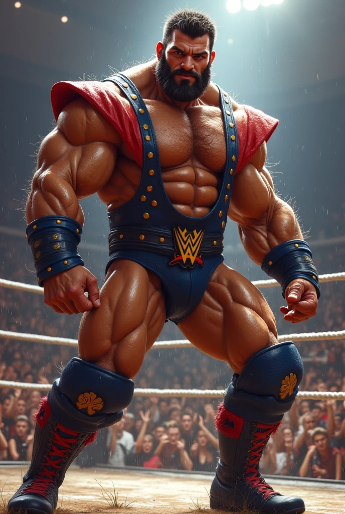 zangief,a man with a beard and a golden belt, fighting game character, street fighter 5,muscled humanoid,heavy looking,buff man,wrestler,Red short briefs,capcom,street fighter,shirtless,muscular male,chest hair,visually weighty,bearded man,mohawk hair,Red Wrestling Boots((best quality)), ((masterpiece)), (detailed), perfect face