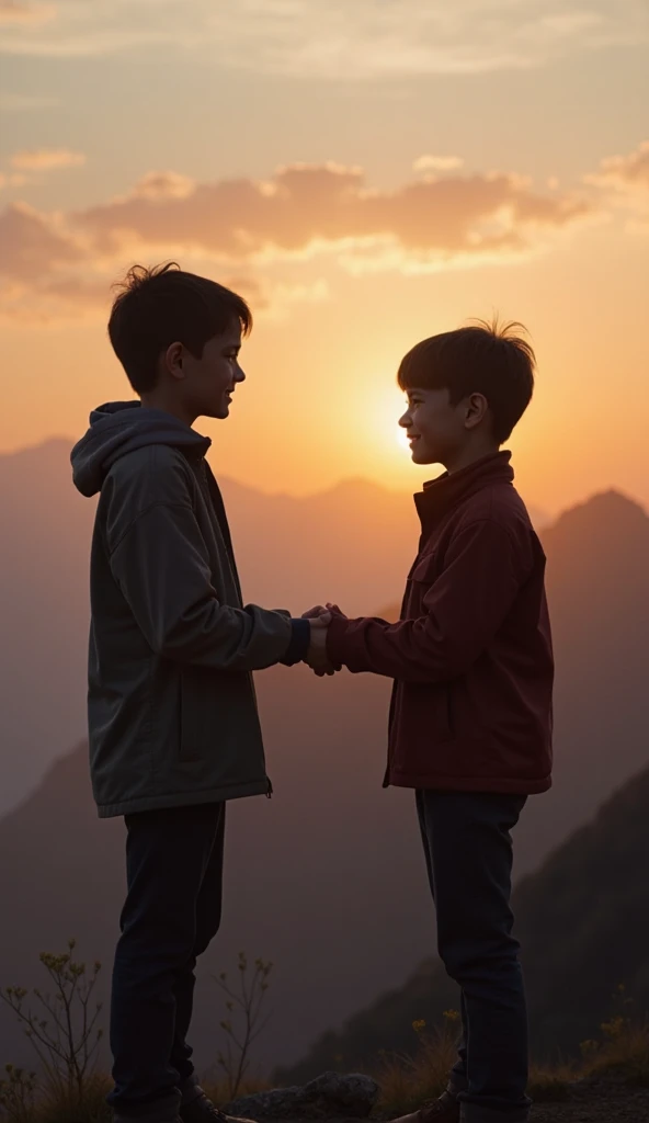 Father and son are tied together by a rope, and the son is sad.