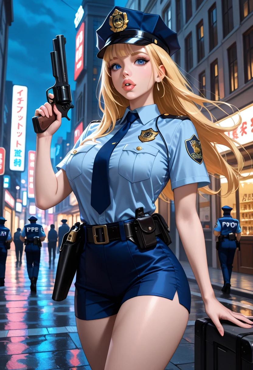 Solo, (Police Uniform, policewoman), Stockings, City lights, (gaze at the audience: 1.3), Lips apart, Red lips, Shiny skin, dent in the skin, Best Quality, Ultra High Resolution, (Realism: 1.4), gun in holster, outside police station, night city life, group of police women officers,