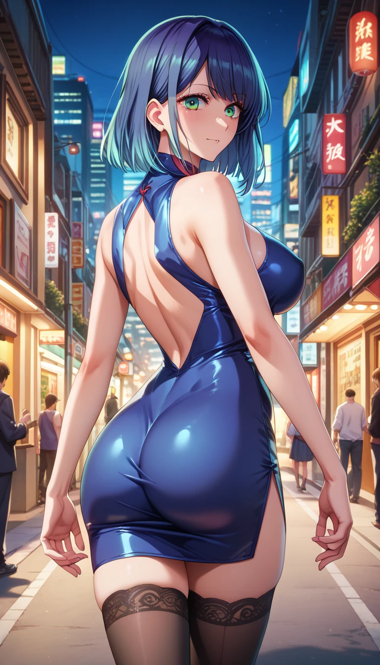 perfect eyes:1.2, detailed eyes:1.4, smile, blmlong, aqua hair, blue eyes, holding a umbrella, aged_up, bracelet, blue dress, fringe trim, bangs, dress, earrings, sleeveless, belt, sleeveless dress, short dress, wristwatch, clothes writing, white belt, fanny pack, looking at viewer, cowboy shot, ass, from behind, rain, dark sky, looking at viewer, cowboy shot, ass, from behind, forest, cowboy shot, 1girl, solo, (masterpiece:1.6, best quality), 8k, insane details, intricate details, hyperdetailed, hyper quality, high detail, ultra detailed, professional, HDR, ray tracing reflection, cinematic lighting,
