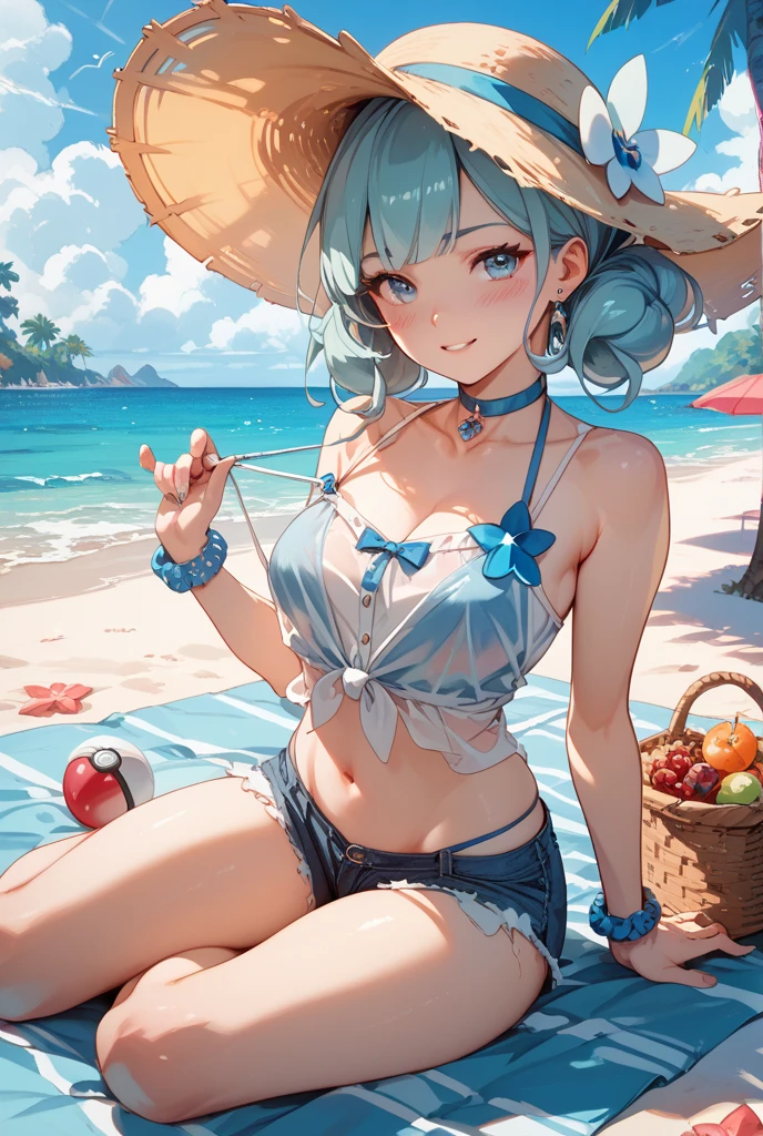 Highest quality、High resolution、Detailed Background、(Beautiful face in every detail:1.4)、Anatomically correct、(Normal number of fingers:1.2)、Detailed eyes、Teenage beauty、Highly detailed face、(Huge breasts:1.2)、Perfect body line、Light color hair、Bobcut、ponytail、Twin tails、cute hairstyle、well-groomed eyebrows、cute gesture、Natural beauty、A big smile、smile、Cowboy Shot、

(Girls applying sunscreen on the beach:1.5)、

A beach with white sand、The blue sky and blue sea spread out before you, and a pleasant sea breeze blows.、A girl is sitting with her friends、Holding a bottle of sunscreen in her hand, she carefully applies it to her friend&#39;s back.、The girl&#39;s friend also faces her and paints each other&#39;s backs.、The two of them are applying sunscreen with serious expressions.、The two of them are having fun on the sunny beach, being careful not to get sunburned.、It&#39;s a peaceful scene that captures the kindness of the girls in the open air of the beach.、
The swimsuit itself is a light blue one-piece with frills.、The frills and ribbons give it a feminine look.、Sandals are thick-soled、We recommend unique designs with vivid colors and floral patterns.、cute