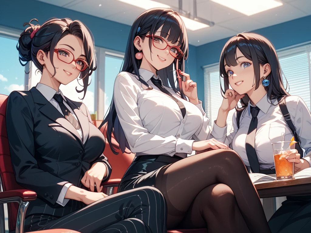 （（super high quality,））（（Ultra-high resolution,））（16K,）（super masterpiece,）（（Ultra HD ,））（Detailed shading,）Three sexy wives,Office Lady,（（popped Tight collar White shirts,））Unbutton the third button,Black tight skirt,Glasses,blush,Ahegao,necklace,wedding ring,Sweaty,Flowing Love Juice,Dark Room,