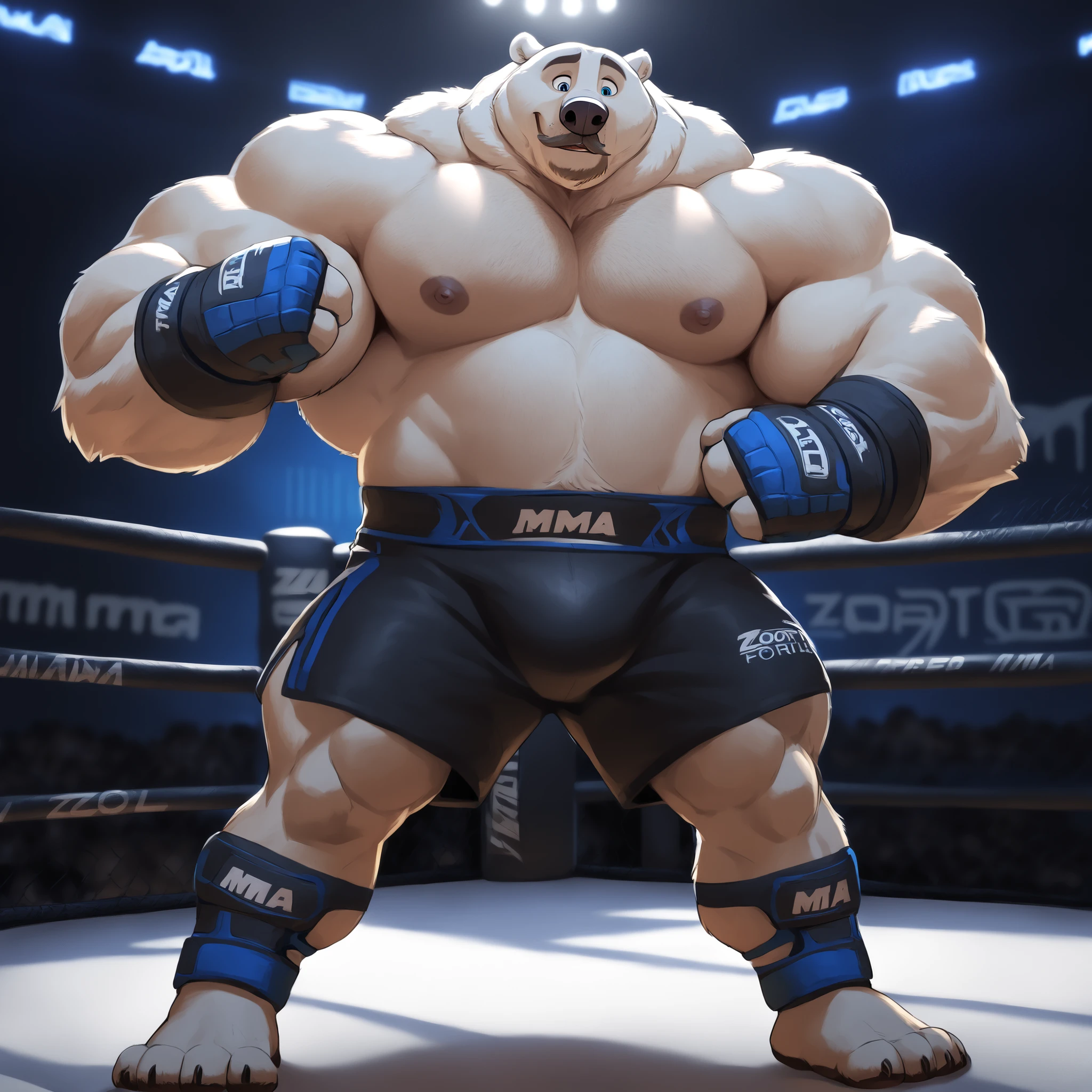 bara polar bear, strong physique, perfect anatomy, masterpiece, gray moustache and beard, wrinkles huge white fur, solo, added eyes with blue pupils, great lighting, black MMA shorts with blue line slits, MMA fingerless gloves with blue knuckle pads, ankle support foot brace wraps, MMA fighting tournament, flexing a bicep, topless, hyper muscular, height: 220cm (7’8), weight: 160kg (350lbs), thick arms, huge pectoral, Zootopia, 8k, masterpiece