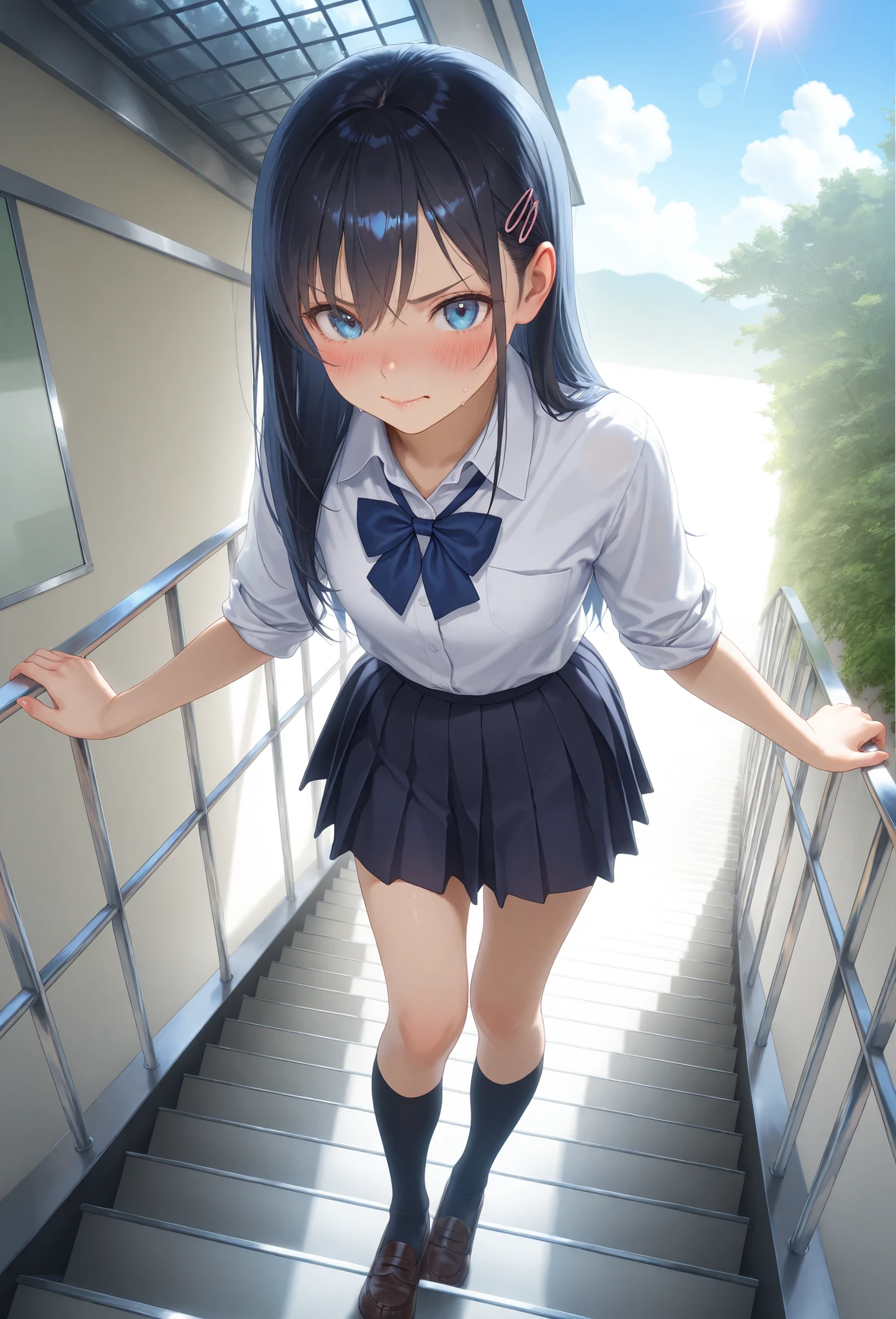 masterpiece, best quality, ultra high resolution, highly detailed, sharp focus, photorealistic illustration, 8k,
((1girl:1.3)), young woman, Japanese schoolgirl, (school uniform:1.2), long straight hair, hairpin accessory, blue eyes with subtle scowl (1.2), cheeks flushed like blush (1.3), cheeks slightly puffed (1.1), embarrassed expression,
white button-up blouse rolled sleeves untucked,
blue pleated mini skirt with pinstripes (1.3), black thigh-high socks (1.2), slender legs with knees inward knock-kneed stance (1.3),
hand positioned front pressing skirt hem downward for coverage protective pose (1.5), fingers gently gripping fabric (1.4),
low angle front view worm’s eye perspective, standing on outdoor stairway, direct gaze toward viewer, teasing yet modest posture, dynamic perspective, full body,
background of glass atrium roof with metal beams, clear blue sky, scattered clouds, distant greenery, sunlight streaming through glass, dappled light on stairs, realistic shadows,
anime style, cinematic rim light, soft daylight, volumetric light rays, vibrant color grading, subtle lens flare, HDR,
35 mm lens, f/1.8, shallow depth of field, immersive focus, Unreal Engine render, ray tracing
