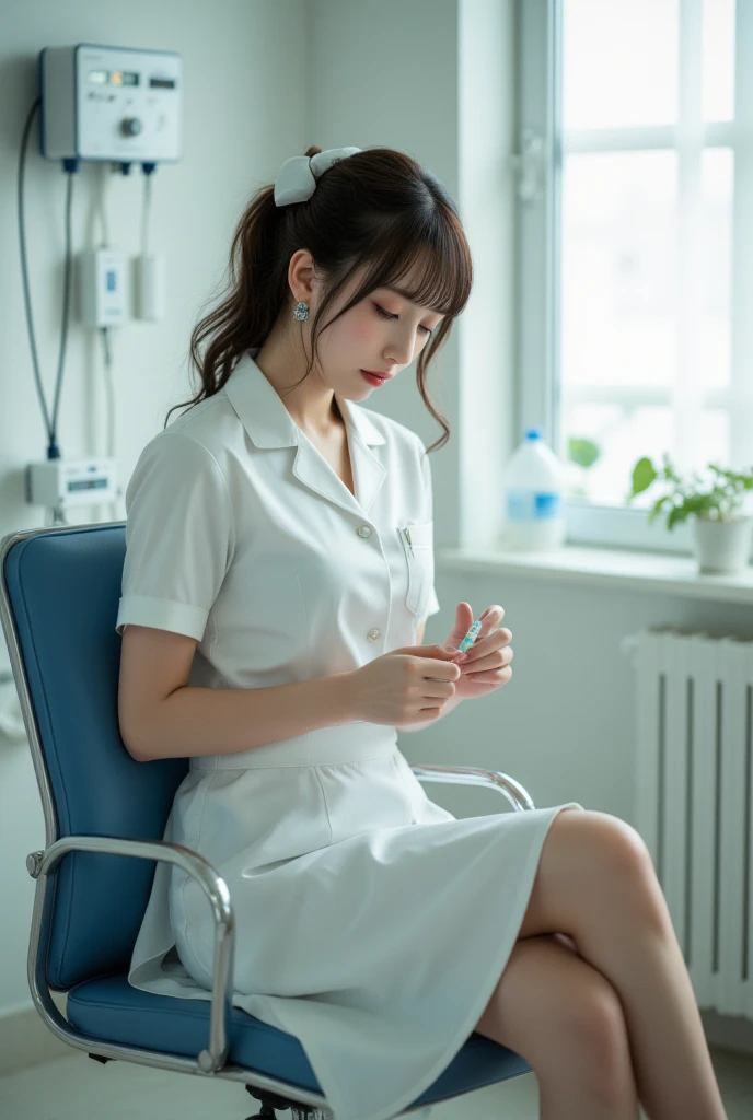 Asian woman in her fifties sitting on the floor in the hallway, Young and cute gravure idol, Young Gravure Idol, Young Sensual Gravure Idol, realistic Young Gravure Idol, Cute Korean Actresses, Young and skinny gravure idol, A sophisticated gravure idol, Chiho, Yoshitomo Nara, An innocent smile, Young and pretty Asian face、A female nurse squatting to treat a patient、lab coat、laboratory coat)、(nurse、rn、registered nurse)、(nurse uniform)、hospital、examining room、(operating table)、 (Delivery table)、clinic、 (Stethoscope)、syringe、ventilator、bandage、sphygmomanometer、medical thermometer、