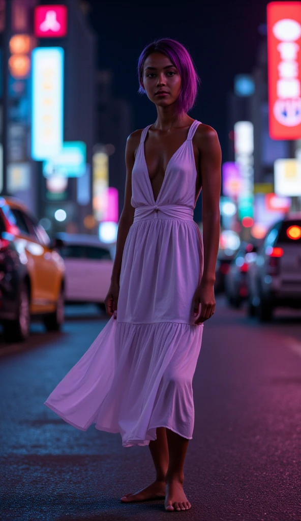 Uma mulher, vestido branco leve voando com o vento, corpo esguio, segurando uma tocha
