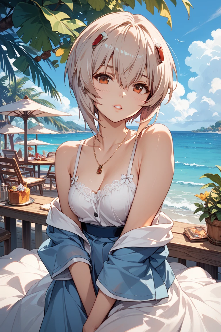 (Highest quality, High resolution, Very detailed), 1 female, Silver Hair, Super short hair, Reddish brown eyes, silver maxi dress, lace thong, shiny skin, Large Breasts, 24th generation, Beautiful woman, mature, quiet, Calm, A small smile, beach, blue sky,