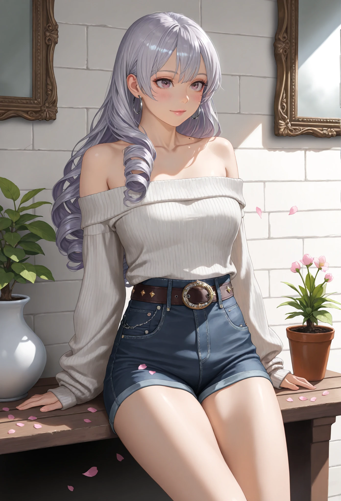 8k, ultra high resolution, hyper-detailed, photorealistic, cinematic lighting, (realistic adult woman:1.2), (medium-framed portrait mid-thigh up:1.1), (soft light gray ribbed off-the-shoulder sweater hugging shoulders:1.2), (fine vertical knit texture visible:1.0), (high-waisted dark indigo slim-fit denim jeans with whiskering at hips, copper rivets, contrast gold stitching, smooth black leather belt antique brass buckle:1.1), (slender waist emphasized by fabric curve:1.0), (arms relaxed at sides with fingertips lightly brushing by thigh:1.0), (realistic warm skin tones with fine microtexture and soft dewy sheen on collarbone:1.1), (loose chestnut brown lob with inward curled ends and delicate highlights framing face:1.1), (minimal natural makeup with matte complexion, soft peach blush, neutral pink lip tint, individually defined eyelashes:1.0), (small polished silver hoop earrings catching light:1.0), (camera eye level using 85mm lens at f/2.0 for shallow depth of field and creamy bokeh:1.0), (overhead softbox key light with balanced fill light softening shadows and subtle rim light accentuating hair contours:1.0), (high-resolution photorealistic rendering capturing lifelike textures of knit fabric, denim, wood grain, and skin microdetail:1.0), sunlit canal embankment with turquoise water reflecting gentle ripples and cherry blossom petals, row of white stucco buildings with terracotta roofs, dark wood shutters, wrought iron balconies with potted plants, stone tile ground with faint moss lines casting delicate patterned shadows:1.0