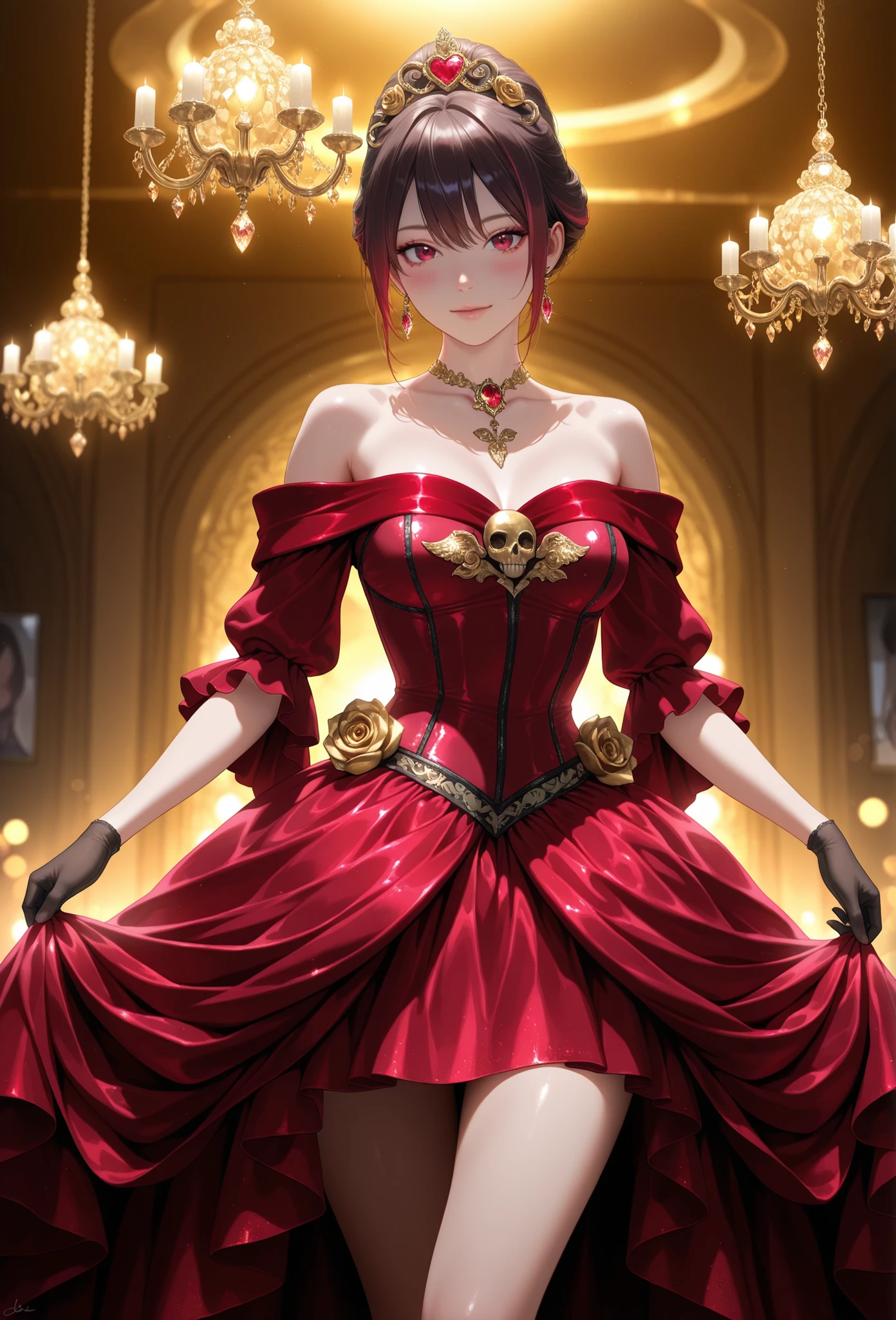 8k, ultra high resolution, hyper-detailed, photorealistic, cinematic lighting, balanced cinematic color grading, (realistic adult woman:1.2), (medium-framed portrait mid-thigh up:1.1), (luxurious deep crimson satin off-shoulder ball gown with fitted corseted bodice detailed with gold filigree and central brass rose brooch:1.2), (wide draped off-shoulder sleeves framing bare shoulders and collarbones:1.1), (crown of textured red velvet roses interwoven with skull motif and gold accents:1.0), (long fitted gloves matching crimson satin resting below elbows:1.0), (hair styled in elegant loose updo with soft tendrils framing face and subtle auburn highlights:1.1), (minimal natural makeup matte complexion warm peach blush muted red lip tint individually defined eyelashes:1.0), (small gold drop earrings catching highlights:1.0), (camera eye level 85mm lens f/2.0 for shallow depth of field and creamy bokeh:1.0), (warm key and fill lighting balancing facial shadows with gentle rim light accentuating hair and gown edges:1.0), (high-resolution photorealistic rendering capturing lifelike textures of satin, crystal reflections, and skin microdetail:1.0), (balanced cinematic color grading blending warm highlights and deep reds:1.0), opulent Victorian drawing room with dark damask wallpaper, large gilded mirror, crystal chandelier overhead casting warm golden light, background softly blurred