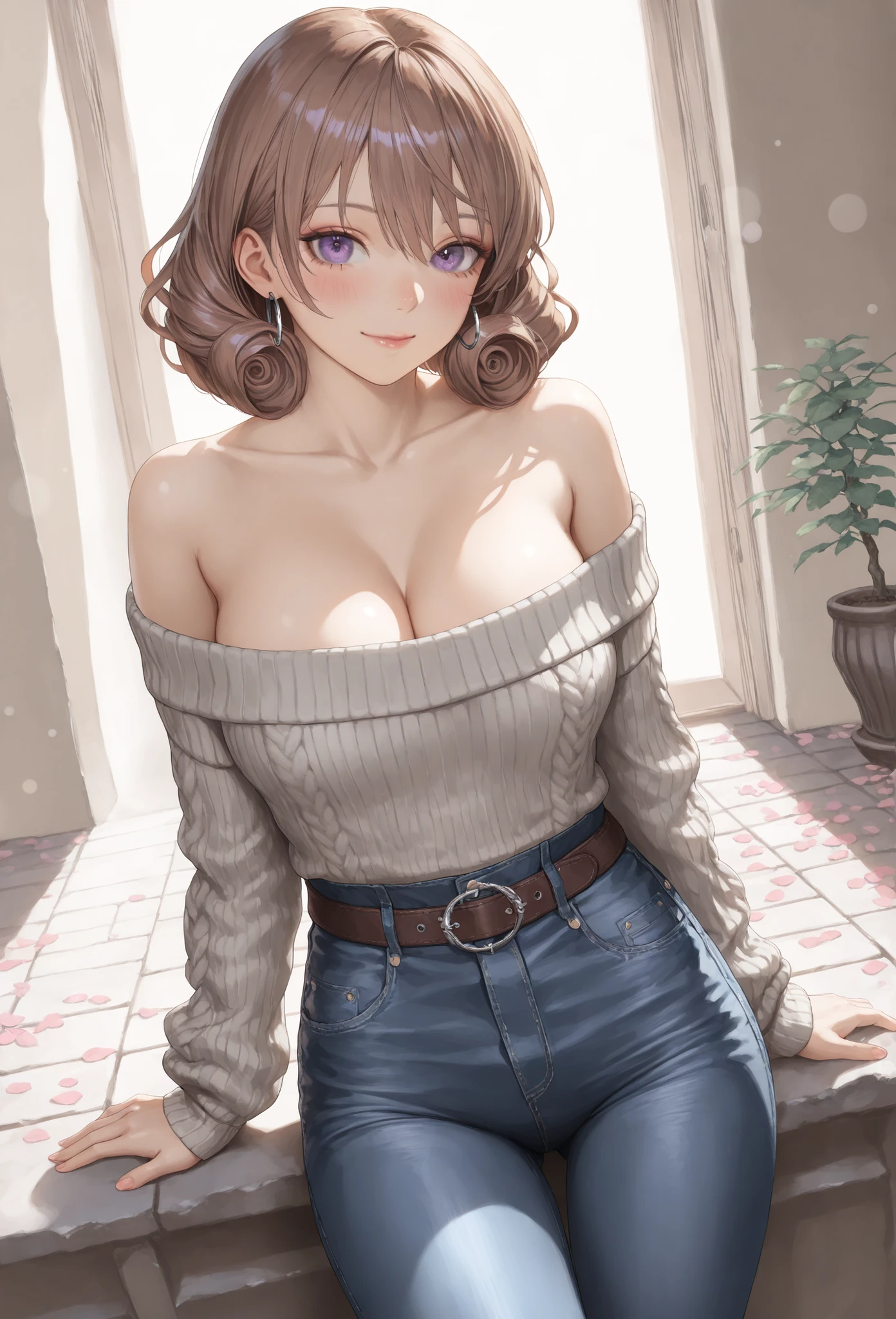 8k, ultra high resolution, hyper-detailed, photorealistic, cinematic lighting, (realistic adult woman:1.2), (medium-framed portrait mid-thigh up:1.1), (soft light gray ribbed off-the-shoulder sweater hugging shoulders:1.2), (fine vertical knit texture visible:1.0), (high-waisted dark indigo slim-fit denim jeans with whiskering at hips, copper rivets, contrast gold stitching, smooth black leather belt antique brass buckle:1.1), (slender waist emphasized by fabric curve:1.0), (arms relaxed at sides with fingertips lightly brushing by thigh:1.0), (realistic warm skin tones with fine microtexture and soft dewy sheen on collarbone:1.1), (loose chestnut brown lob with inward curled ends and delicate highlights framing face:1.1), (minimal natural makeup with matte complexion, soft peach blush, neutral pink lip tint, individually defined eyelashes:1.0), (small polished silver hoop earrings catching light:1.0), (camera eye level using 85mm lens at f/2.0 for shallow depth of field and creamy bokeh:1.0), (overhead softbox key light with balanced fill light softening shadows and subtle rim light accentuating hair contours:1.0), (high-resolution photorealistic rendering capturing lifelike textures of knit fabric, denim, wood grain, and skin microdetail:1.0), sunlit canal embankment with turquoise water reflecting gentle ripples and cherry blossom petals, row of white stucco buildings with terracotta roofs, dark wood shutters, wrought iron balconies with potted plants, stone tile ground with faint moss lines casting delicate patterned shadows:1.0
