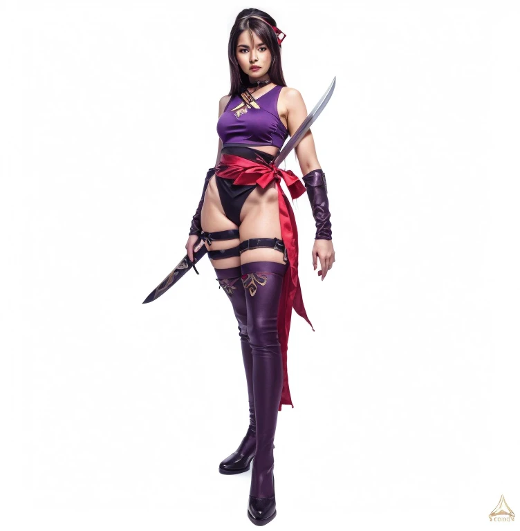 ((masterpiece, best quality)), Hispanic female wrestler with short brown hair, with black velour shawl, black and magenta velour ornate bra with silver studs, black and magenta velour ornate tassel miniskirt with silver studs, black and magenta velour ornate bracers with silver studs, black and magenta velour ornate long-boots with silver studs, photo realistic, intricate details
