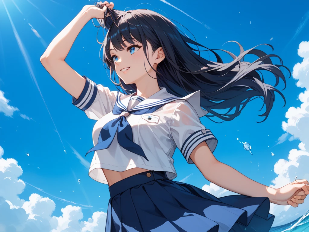 Beautiful high school girl with black hair and ponytail wearing a sailor suit and skirt