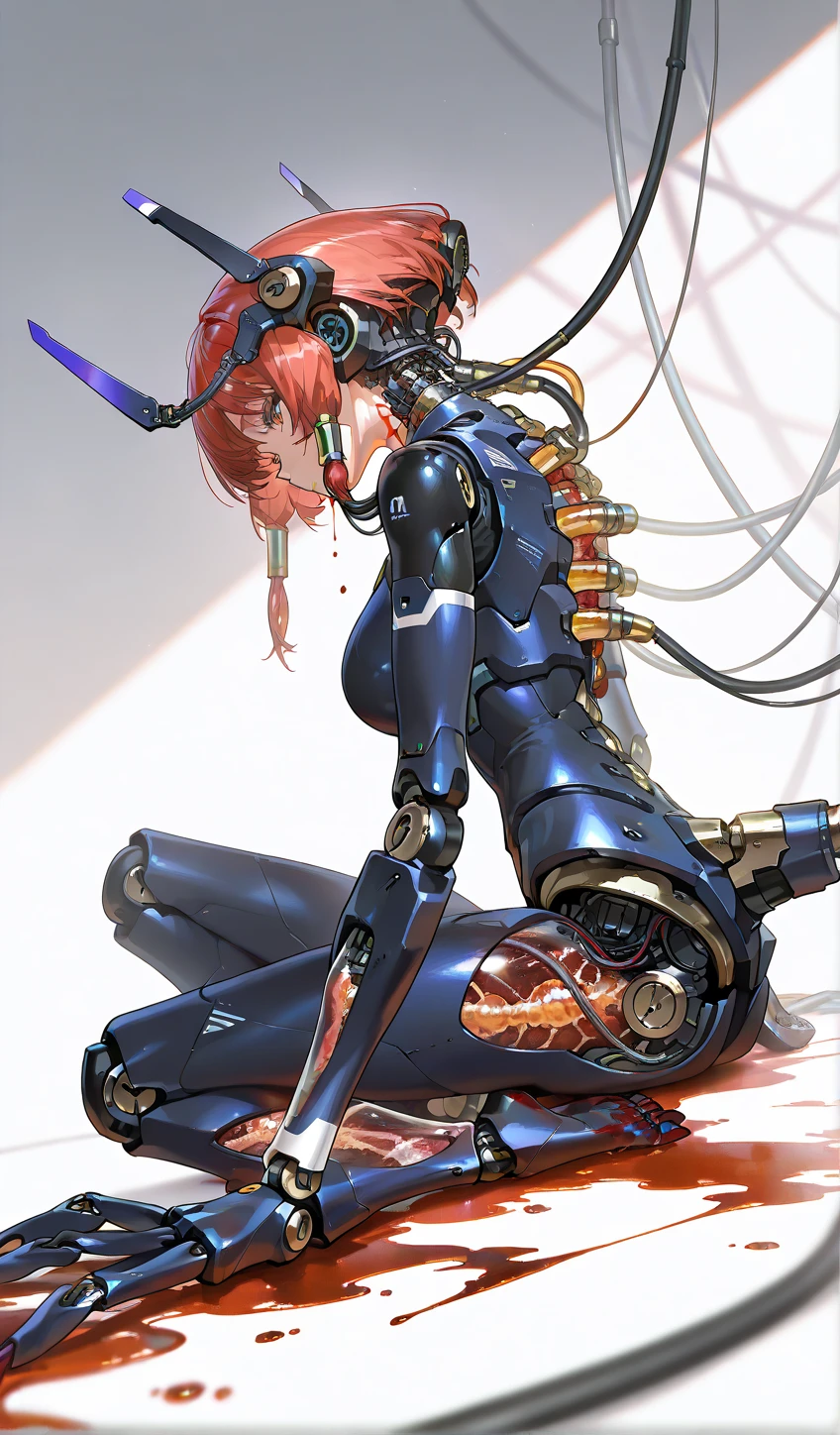 (masterpiece, top quality, best quality, official art, beautiful and aesthetic:1.2), (1girl:1.3), extreme detailed, colorful, highly detailed ((ultra-detailed)), (highly detailed CG illustration), ((an extremely delicate and beautiful)),(from side),cinematic light,((1mechanical girl)), solo, full body,(machine made joints:1.2),((machanical limblood vessels connected to her mechanical vertebra),((mechanical cervical attaching to neck)),(sitting),expressionless,(wires and cables attaching to neck:1.2),(wires and cables to her head:1.2)(character focus), wearing visor glasses, {{{holding a gun on her left hand}}}, short light red hair, science fiction, computers and screens background (Matrix style),(blood:1.5), SFW