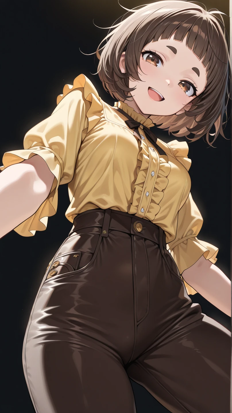 young girl, short brown hair, high ponytail, Heterochromia, green and yellow eyes, Smile, cat ears, Yellow tight sleeveless uniform, tight shorts, diadem, Gold Elements, She-ra, Masterpiece, hiquality, 4k, HD, Good detail