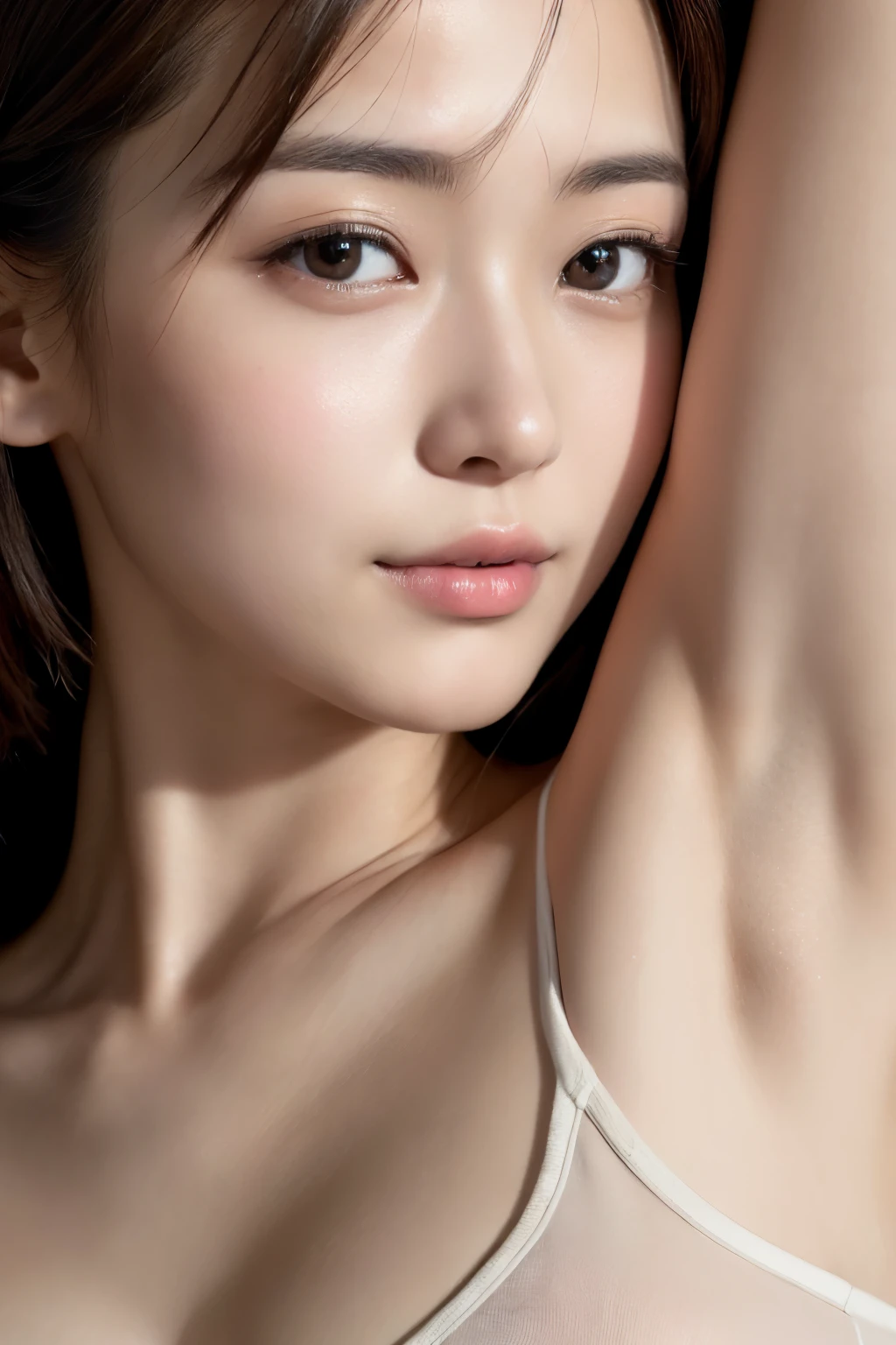 ((best quality, 8K, masterpiece :1.3)), 1 woman, Pretty woman with slim abs highlighted :1.3, (random hairstyle :1.2), Oversized tank top :1.2, very detailed face, detailed eyes, double eyelid, armpit, sweat, see through nipples