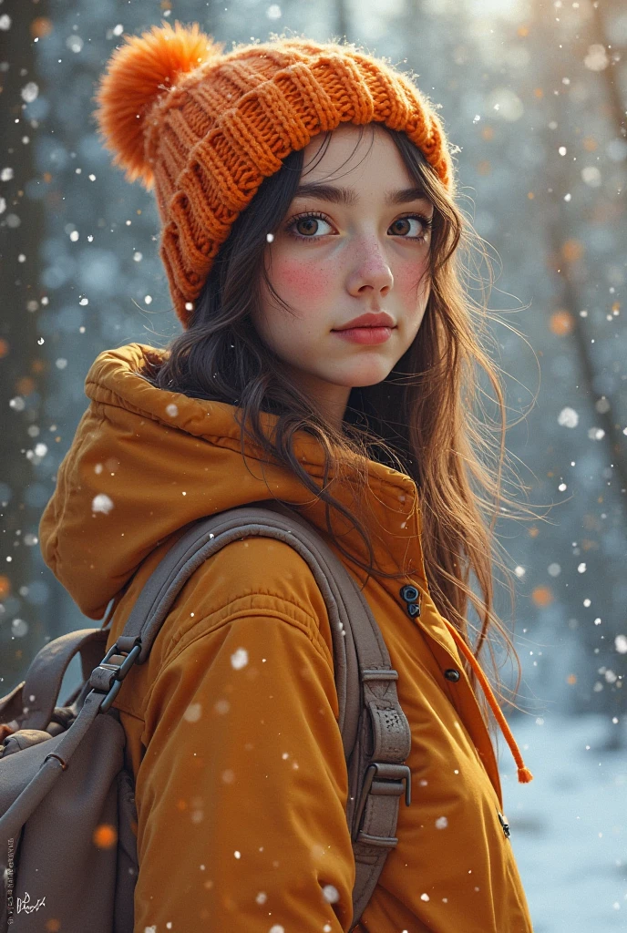 anya in the snow, wearing parka, cute, very surreal girl and surrealism in overall image