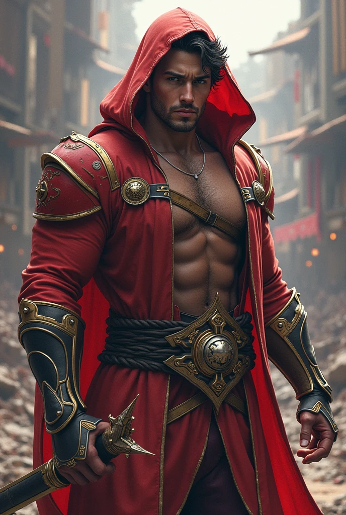 A 190 cm man with athletic body, no beard
,and a ruby red thin chain goes from his both  arms , the end of chain is connected to a jade sword
