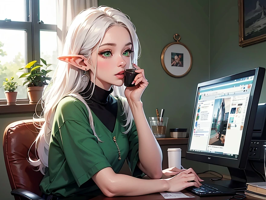 beautiful, View your viewers, Detailed face, Fantasy, beautiful lighting, (22 year old Spanish female), Flowing white hair, Green Eyes, Sitting,Fine grain, Detailed face, Fine hand, Blue Eyes, Green dress, dress, Elf, Fairy, Feathers from the back, flying, (Moderate exposure:1.5), Big Breasts, Big Tits, tits, Sex、(distress:1.5)、(worry:1.5)、(I sigh.:1.6)、(Suffering:1.5), (distressed:1.5), (sighing:1.5), (sad:1.5), (painful:1.5), (tired:1.5), (Put her right hand on her head:1.5), (Looking at the monitor:1.6)、(touching the computer:1.6)、(looking at the monitor:1.6), (touching her computer.:1.6)