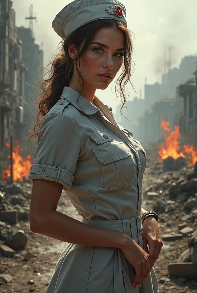 An ultra hot gorgeous European woman, age 23. She’s a playmate and men magazine supermodel. backlight, movie scene. Perfect anatomy, perfect hair, perfect breast, perfect body, perfect hands, perfect face, perfect eyes, accurate, anatomically correct, perfect clear and crisp focus, UHD, masterpiece, (photorealistic:1.4), full body, she is dirty, ((dirty ripped shirt, dirty pants,)) walking on the road, Depict an empty road, desert city in the background, in the rugged style of the game's concept art. This work should evoke a sense of abandonment and despair in a futuristic, post-apocalyptic world. Notice the intricacies of detail, the sharp focus. cinematic light, beautiful woman, auburn hair, detailed face, photo taken from a distance, leaning forward,,She’s looking for her family.