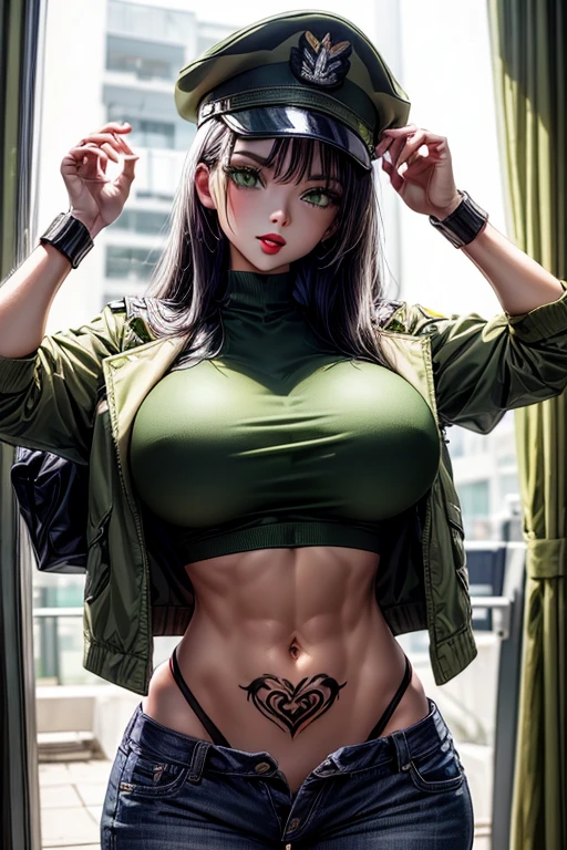 Muscular busty beautiful lawyer, huge strong biceps, tonned strong abs, huge round boobs, enormous firm tits, hyper muscular, bursting in strength, large hips, suit and tie, short black hair, fit, thin, black lawyer elegant suit and tie, suit fully covering her body
