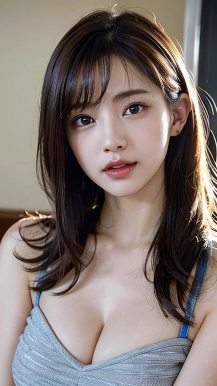 (8k, RAW Photos, Highest quality, masterpiece:1.2), (Long Bob Cut), alone, Looking at the audience, Viewed from the front, ((性欲の強いhigh school girl:1.5))、Beautiful white skin, knees, Absurd face is small, Part your bangs down the middle, The forehead is visible, Glare, ((Cute angry face:1.3)), Ultra-high resolution, cute, (exterior々Colorful and sexy dress:1.5), high school girl, (Baby Face:1.5), Japanese women, Are standing, (Photorealistic:1.37), Photon Mapping, Realistic, cute顔が小さい, Brown eyes, prospect, Written boundary depth, Blurred Background, (I can see the bangs), Silky smooth hair, Beautiful thin thighs, Small beautiful butt, Light clothing, thigh, Nogizaka idol, Idol, (Detailed hands:1.3, Accurate hands:1.1, Beautiful little hands of a girl:1.3), (Small beautiful breasts:1.5, Cleavage), Super quality, Low people, (Clear white skin, Skin with visible pores:1.2), (Focus on the face), Check and correct the garment construction, (Perfect Anatomy:1.3), (Detailed eyes and face:1.2, Professional photography techniques)