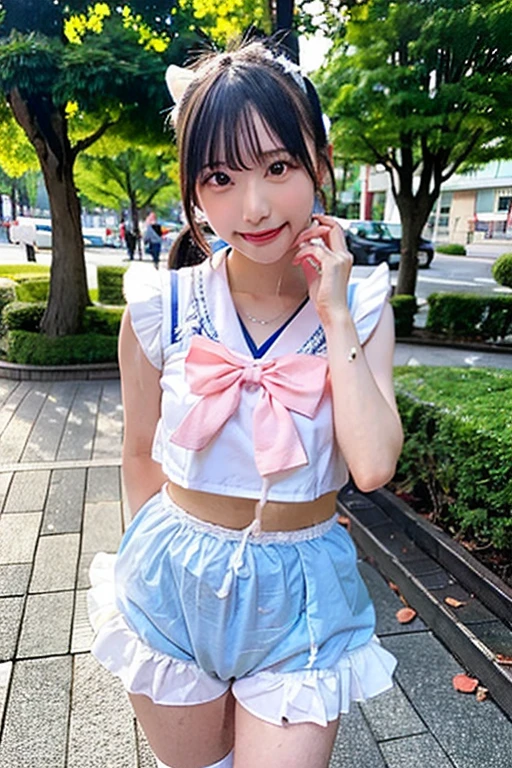 (scared expression:1.2),female junior high school student, Looks pure, Sailor suit, white panties, showing teeth, masterpiece, best quality, highres, remu suzumori, short hair, earrings, necklace, jewelry, full body, extremely detailed face, (slum area, afternoon garbage dump), (looking at viewer), sneakers, (skirt tug:1.3),