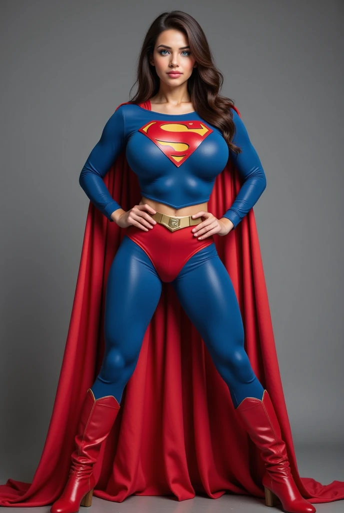 Supergirl, 29 years old, full body shot, Beautiful woman shoulder length curly brunette hair,  figure : (very full figure, very chubby, curvy, muffin top, love handles, extra thick, extra thicc, navel, very soft, fat hips, very thick, big breasts, sexy, sexy pose, fat thighs). clothes: ( flowing red cape, turtleneck blue top, long sleeve, skintight long blue pants, with red trim of supergirl). Red lipstick, smiling slightly, hands free, standing facing viewer, (huge breasts:1.3)