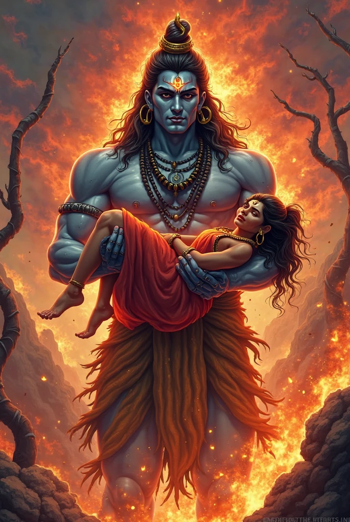 **Shiva’s Grief:** Shiva, devastated by Sati’s death, roams the universe carrying her body in his arms
( Burning body as indian princess
with flame)
