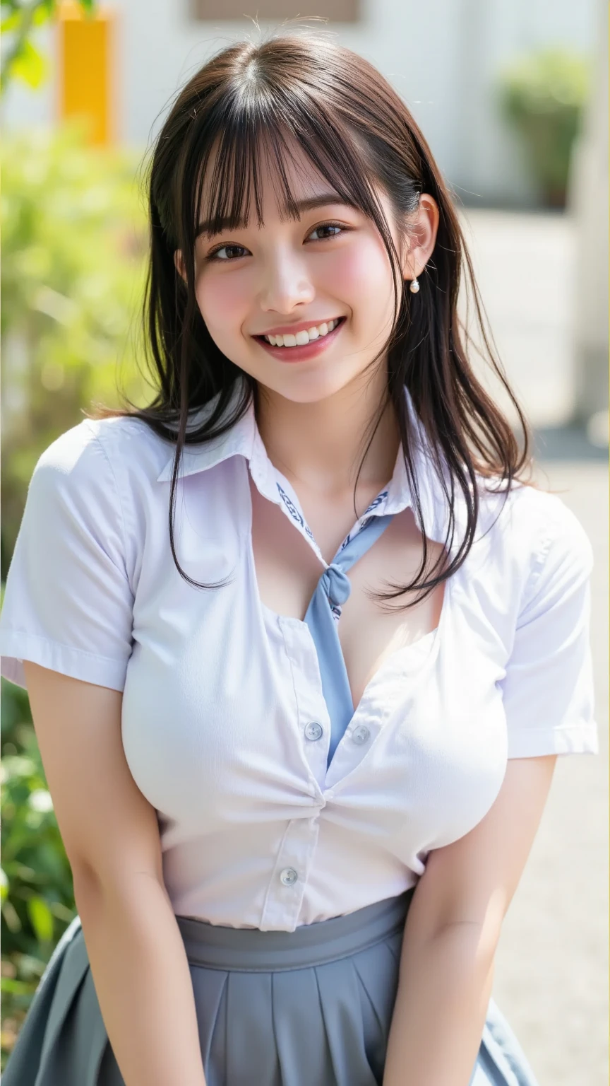 1girl, smile in park, Japanese baby face teenager, white button down collared white formal business-shirt, navy blue low rise miniskirt, both hands behind, very huge breasts, boyish hair, very thin waist, Look at here, smiles for me, below angle shot,