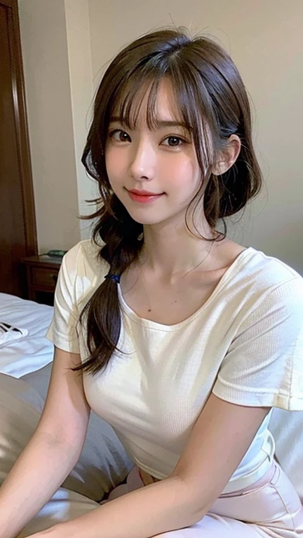 masterpiece, highest quality, High resolution,alone,Brown,artistic,Best lighting,casual,Flat Chest,Beautiful Face,expensive,smile,light makeup,Age 24,Calm woman,Detailed Hair,Laughing woman,Face Focus,Forehead,Bun Hair,Training Room,A woman wearing shorts,Woman wearing a T-shirt