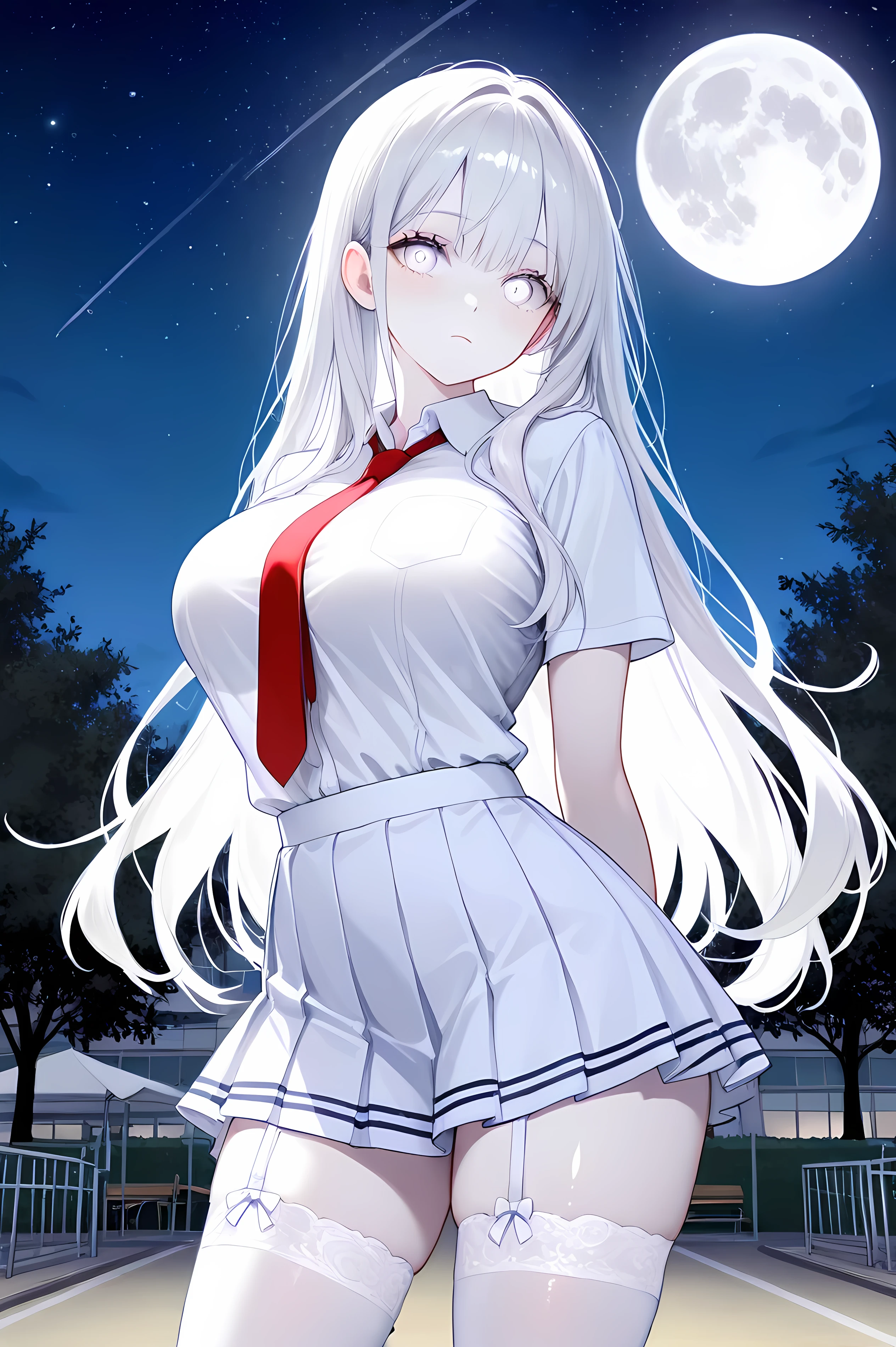 best quality, top quality, one girl, beautiful girl, very cute, pale skin, white eyes, сияющие white eyes, long hair, очень long hair,  diamond hair, shiny hair, schoolgirl, , red tie, short skirt, white school skirt,  beautiful skirt , white stockings, lace white stockings, garters, lush breasts, beautiful breasts, against the backdrop of the school, school park , clear weather, Night, full moon, stars, school building in the background, 