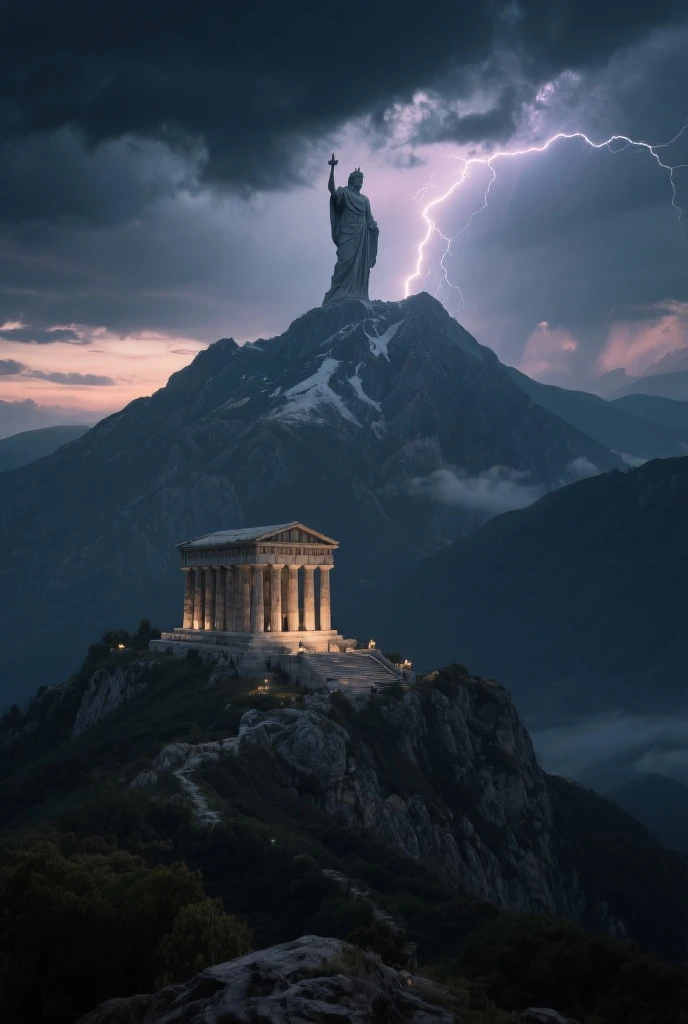 Image of a statue of a Greek Stoic on top of a mountain with lightning and fog in the sky