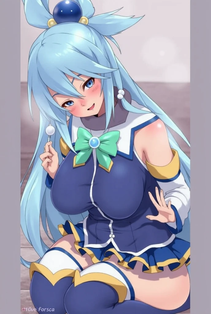 (NSFW:1.5),anime screenshot,anime coloring, showing panties, white panties, 1girl, long hair, solo, open mouth, smile, full body, head tilt, blue hair, blue eyes, separate sleeves, high boots, outdoor, sun, trees, river, hair ornament, background, bare shoulders, unique hair ring, green bow, looking at viewer, blue shirt,