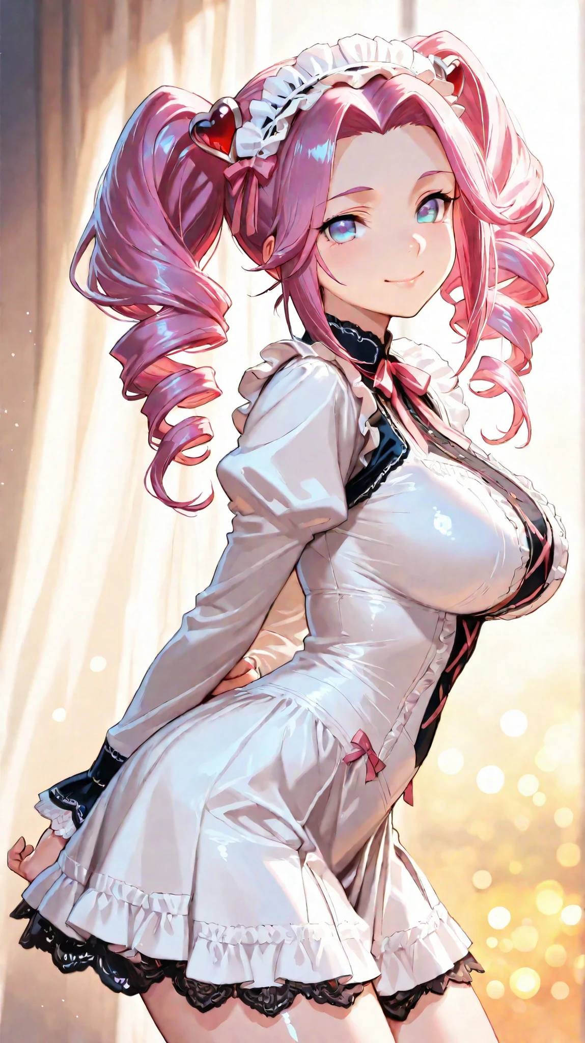 (master piece, professional quality, high resolution, 8k, ultra detailed,) score_9, score_8_up, score_7_up, score_anime
, 1girl, shikoku metan, Cute girls, royal blue gradient eyes, smooth skin, pink hair, Shiny beautiful hair, twintails, drill hair, High-quality white dress, large breasts, frilled, long sleeves, maid headband, black lace, pink ribbon, Heart hair ornament, black lace trim, bloom, bokeh, looking at viewer, university, from side, between legs, leaning forward, arms behind back, radiant smile, htm