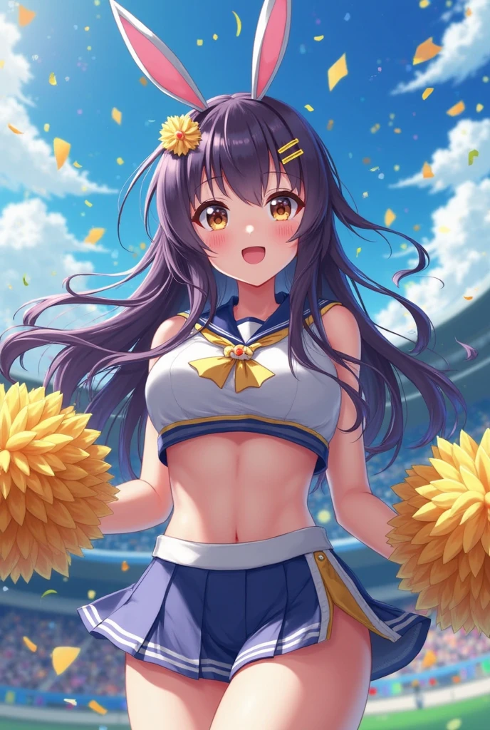 1girl,solo,mature female,smile,medium breasts,yellow cheerleader outfit,purple hair,long hair,horse ears,horse tail,purple eyes,bare belly,agry face,smile,standing in a school stadium,holding yellow pompons,cowboy shot