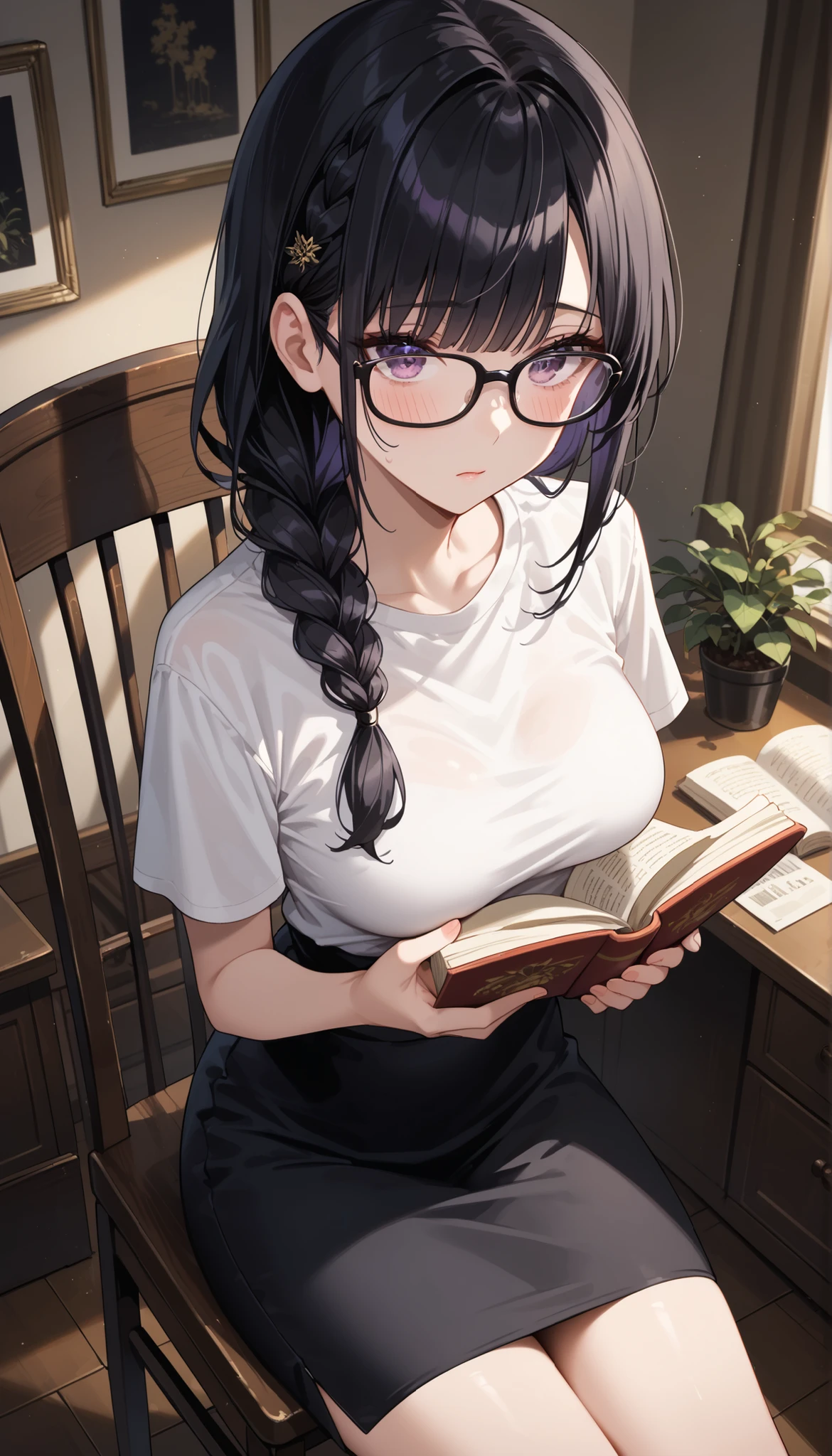 Falling asleep face down while studying at night、A cute girl wearing glasses that accentuate her breasts a little