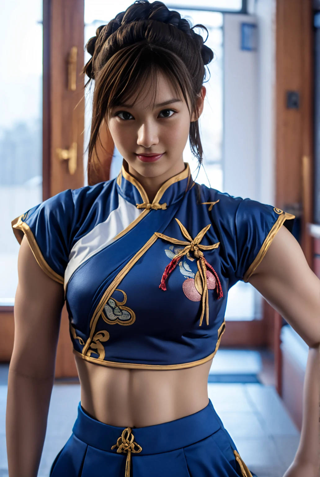 Chun-Li from Street Fight II,The perfect Chun Li outfit,Blue cheongsam with gold lines,Bun head,Covers well,Fighting posture,Masterpiece、1 beautiful girl、good eyes、Bags under the eyes、Highest quality, 超high resolution, (reality: 1.4), movie light、Japan、Asian beauty、Korea、It's so beautiful.、Beautiful skin、body facing forward、close to face、(超reality的な)、(high resolution)、(8ก)、(very detailed)、(美しくgood eyes)、(Superb details)、 (wall-)、detailed face、bright light、professional lighting、looking at the audience、looking straight ahead、Slim and slender、Nogizaka Idol、ไอดอลKorea、Masterpiece, Highest quality, Masterpiece, Highest quality, perfect face, Perfect brown eyes with sclera., bad moves-5, alone, 1 woman, upper body, brown hair, From SF2, Chinese service, smile, muscular woman, blue clothes, tights, Pelvic curtain, puffy short sleeves, Covers well, sash, appraisal:safety