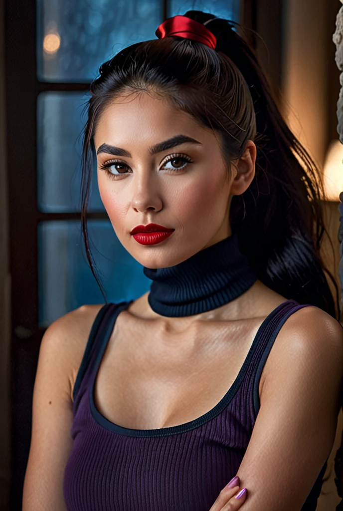 Bella Sanchez, Belle jeune fille, Super nice facial detail, smile, medium brests, open breasts tight slim body, (visage fin:1.2), accessoires, earrings, High quality, Realistic, Very detailed, High definition, RAW color photo, ((Realistic full-body photo)), natural light, Beautiful Detailed, super detail, High Details, pony tail, red lipstick, tank top, clivage