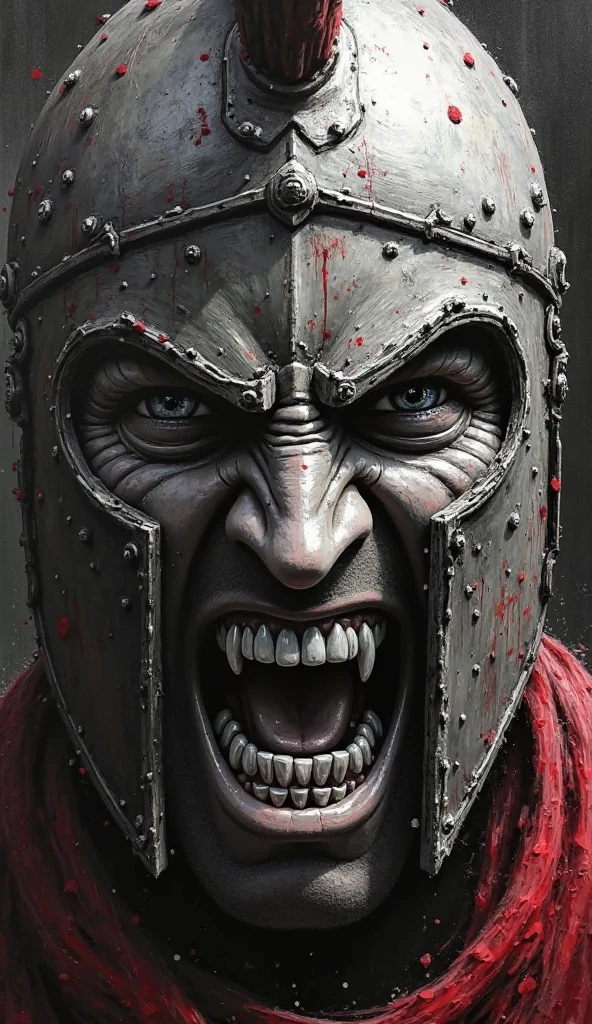 Hyperrealistic art A close-up of the fierce barbarian king, covered in bloody mud, wearing a dark metal helmet with imposing black scull. His dark warpaint and scruffy black beard emphasize his angry expression, while a scar on his face tells a story of battles fought. The scene is bathed in cinematic lighting with dramatic volumetric rays, creating a moody and intense atmosphere. . Extremely high-resolution details, photographic, realism pushed to extreme, fine texture, incredibly lifelike