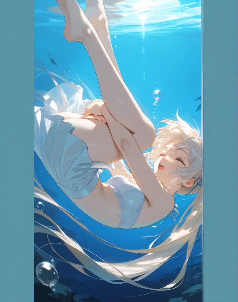 beautiful, masterpiece, Highest quality, anime, One girl,Portrait Shot, View your viewers, Covered、Short Hair、nearby、Blue Eyes、art、White hair,black streaked hair、Thighs、Braid、Bright、smile、Cleavage、 Torn old school swimsuit、Poolside、Lying on your back、Constraints、handcuffs、Shackles、Foot ingots、Black knee socks、Black long gloves